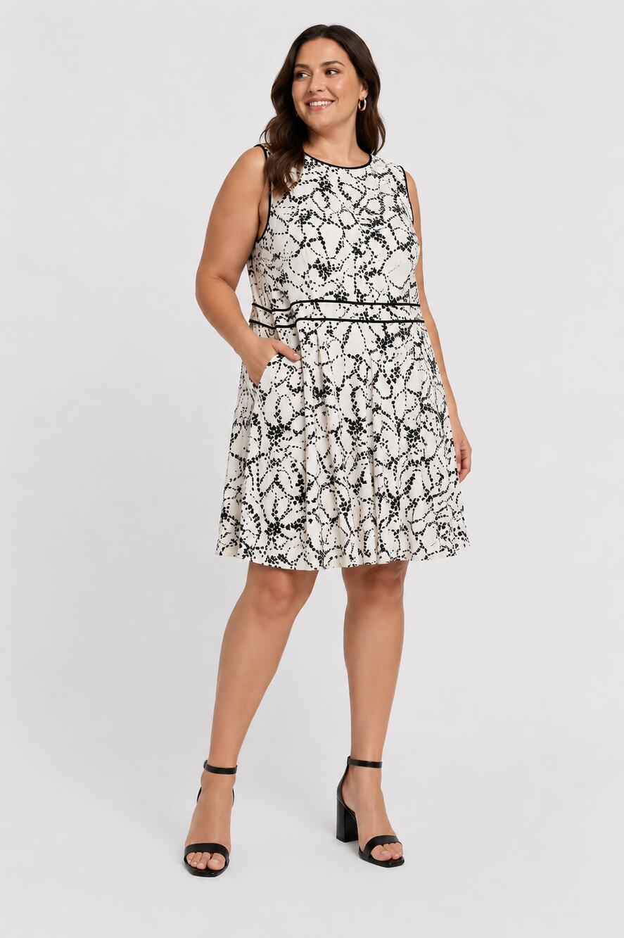Talbots Cream Black Floral Print Sleeveless Shift Dress, size 14